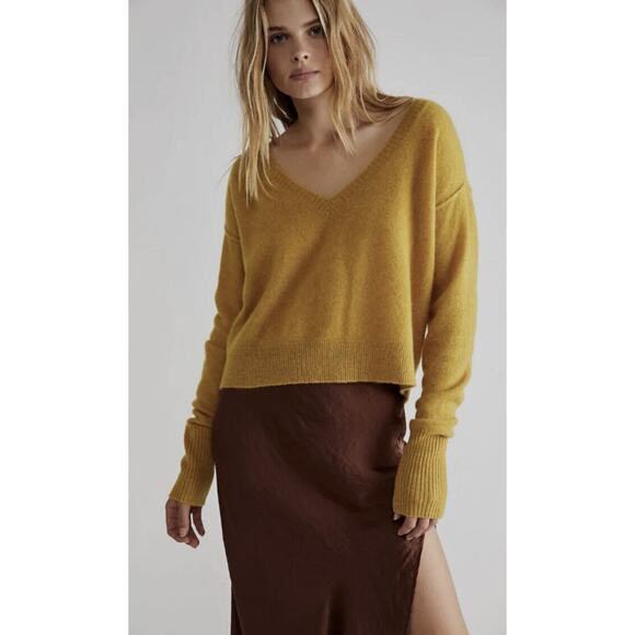 Free People Stellar Cashmere V Neck Cropped Sweater Mustard Yellow Women's S - Picture 1 of 12
